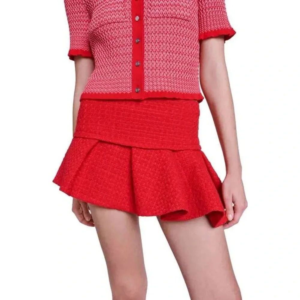 Maje Tweed Ruffled Pleated Asymmetrical Red Micro Mini Skort Skirt US S EU 36
